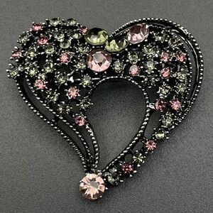 Gunmetal Gray with Pink Morganite and Olivine Crystal Heart Pin Back Brooch